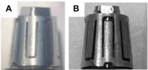 Figure 1. Representative macrographs of (A) control, and (B) clinical Smilelocs after potentiodynamic polarization. 